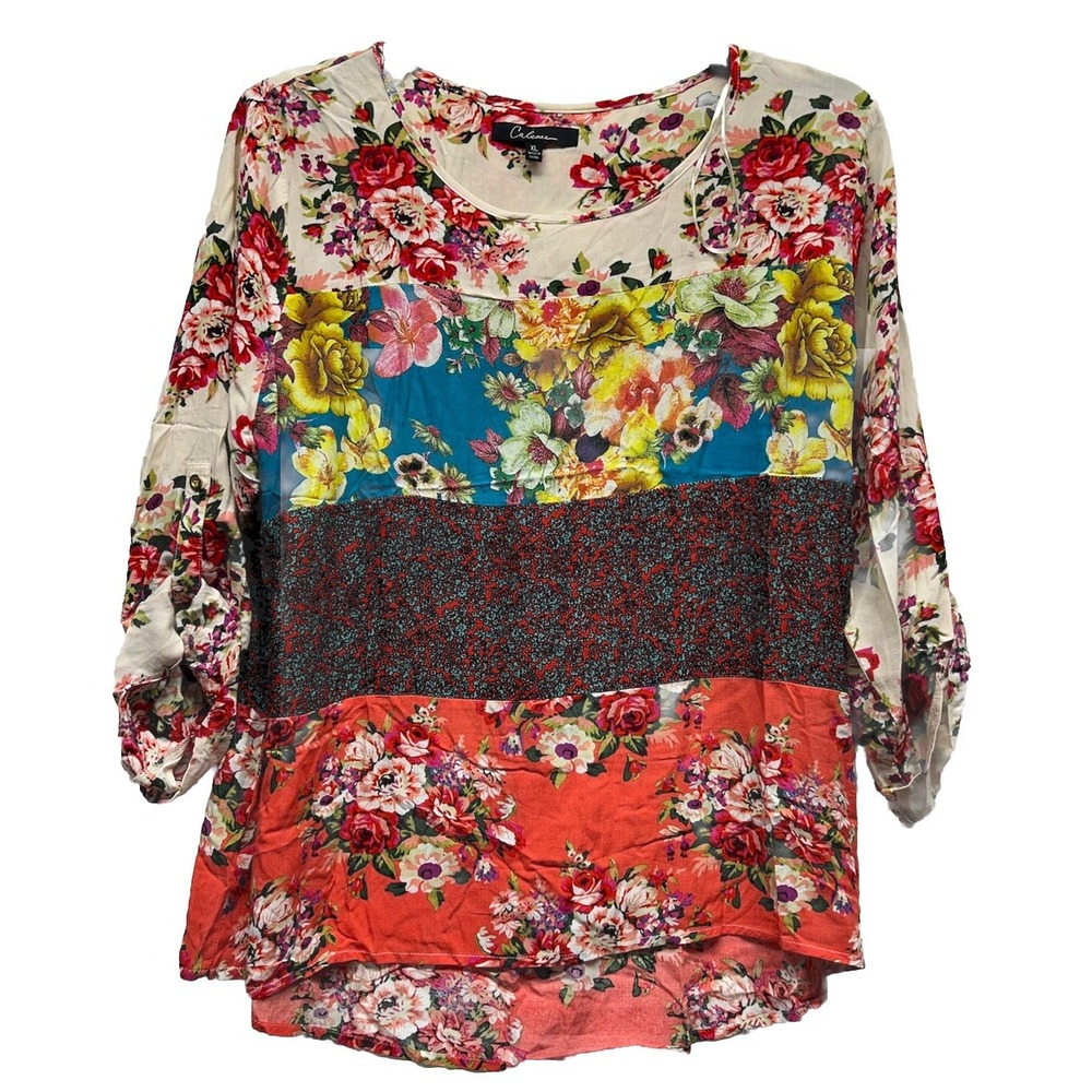 Caleaas Womens Size XL 3/4 Roll Tab Sleeve Floral Printed Top (L3)